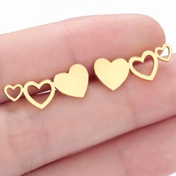 Gold Three Heart Stud Earrings - Picture 2 of 3